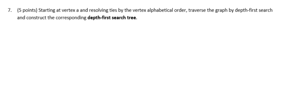 (5 points) Starting at vertex a and resolving ties by the vertex alphabetical order, traverse the graph by depth-first search