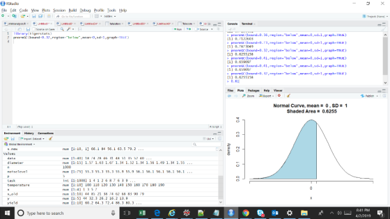 RStudio ile Edit Code Vew Plots SessionBuild Debug Pr ools Help 1の1日: i source on Save 1 ibrary(tigerstats 2 pnormKK (bound-O