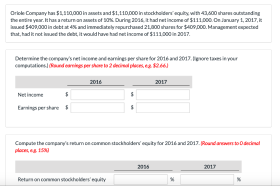 Oriole Company has $1,110,000 in assets and $1,110,000 in stockholders equity, with 43,600 shares outstanding the entire yea