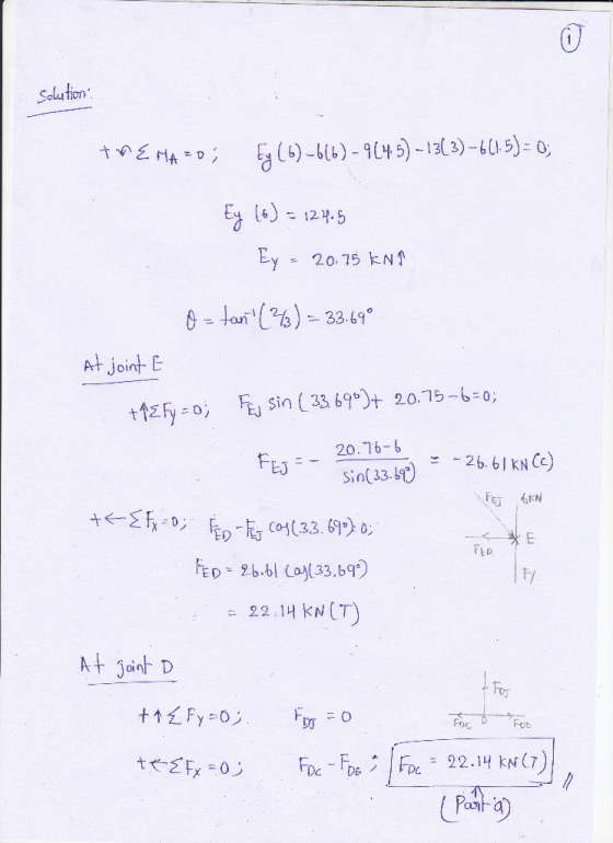 Solution y 20,75 kN 3) 33.69 At joint E t12Fy n(3369) 20.75-6-0 20.16-26.6IRNC) Sin( 33.b) Fy Foc Fot at a