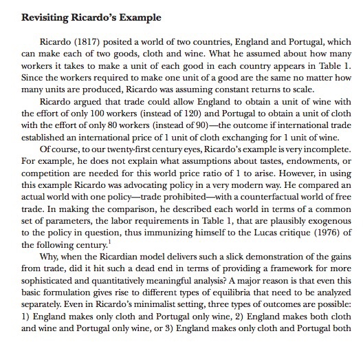 Revisiting Ricardos Example Ricardo (1817) posited a world of two countries, England and Portugal, whiclh can make each of t