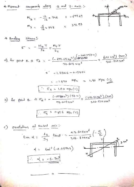 compenant along 2 ond Yaxs.^ * moment 2- 7 [2 M. 291.53 My shrene My 2 Ma 291 x10 20o) 366 823Io { -200+524 ) a), fur point A