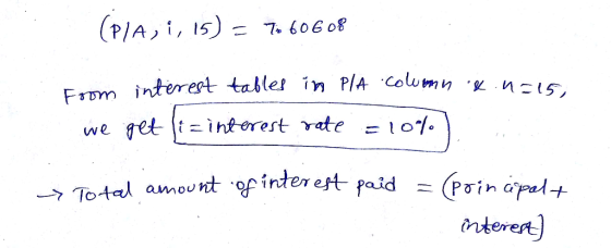 (P/A,, Is) 7 60608 From interest tables in PlA Column n15, get tinterest rate = 1o we (Poin apad interet Total amount ofinter