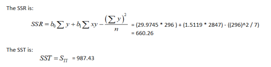 The SSR is: (Σ) (29.9745 296) + (1.5119 * 2847) - ((296)^2 7) 660.26 The SST is: SST S 987.43