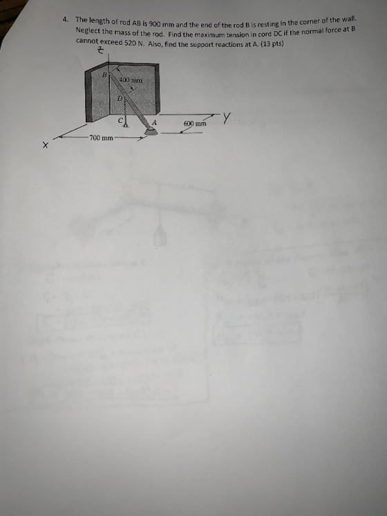 4. The length of rod AB is 900 mm and the end of the rod B is resting in the corner of the wall. Neglect the mass of the rod.