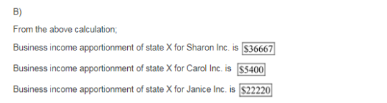 B) From the above calculation; Business income apportionment of state X for Sharon Inc. is $36667 Business income apportionme