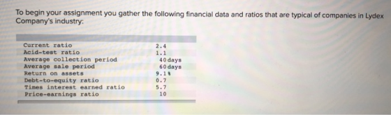 To begin your assignment you gather the following financial data and ratios that are typical of companies in Lydex Companys