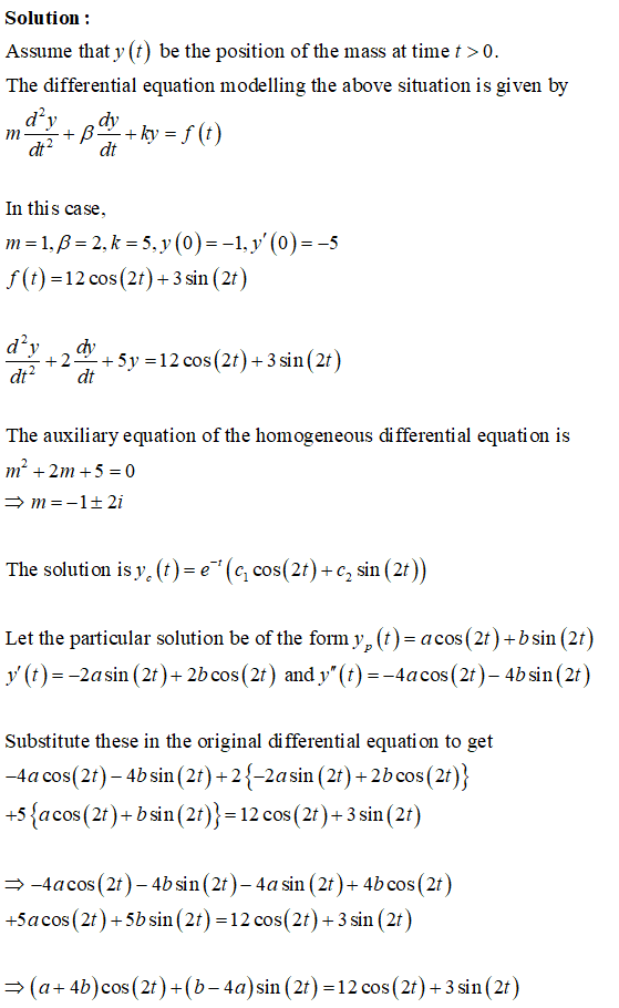 Solution Assume that y (t) be the position of the mass at time t >0 The differential equation modelling the above situation i