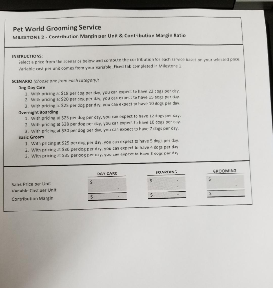 Pet World Grooming Service MILESTONE 2 - Contribution Margin per Unit & Contribution Margin Ratio INSTRUCTIONS Select a price
