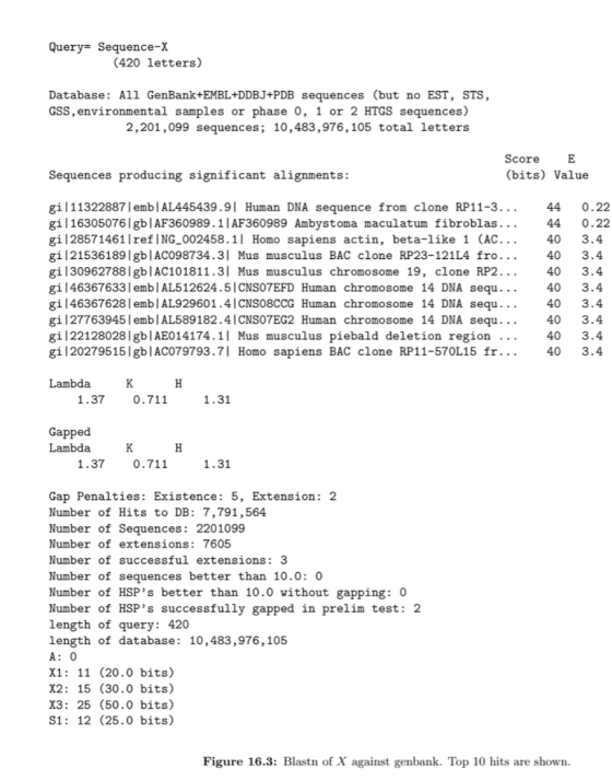 Query- Sequence-X (420 letters) Database: All GenBank+EMBL+DDBJ+PDB sequences (but no EST, STS GSS,environmental samples or p