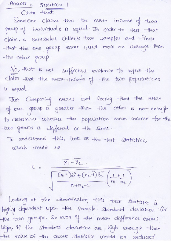 Answer Suestiont Clive -HAat Sue oe clain thot the mean income dtioo でcup od individuals i eawal. Zn edev to test -that clain