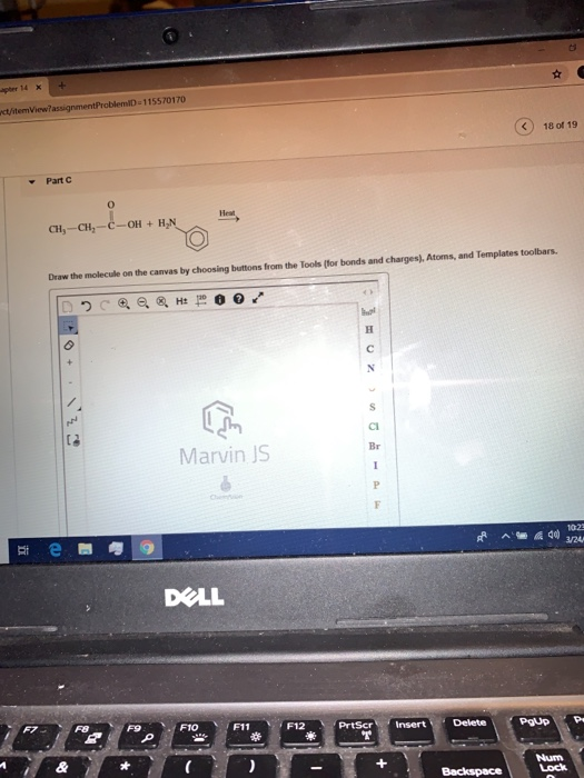 ct/itemView?assignmentProblemiD-115570170 c) 18 of 19 Part Heat CH, CH2-C-OH+ H Draw the molecule on the canvas by choosing b