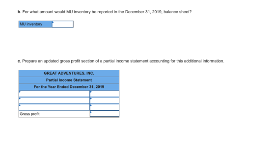 b. For what amount would MU inventory be reported in the December 31, 2019, balance sheet? MU inventory c. Prepare an updated