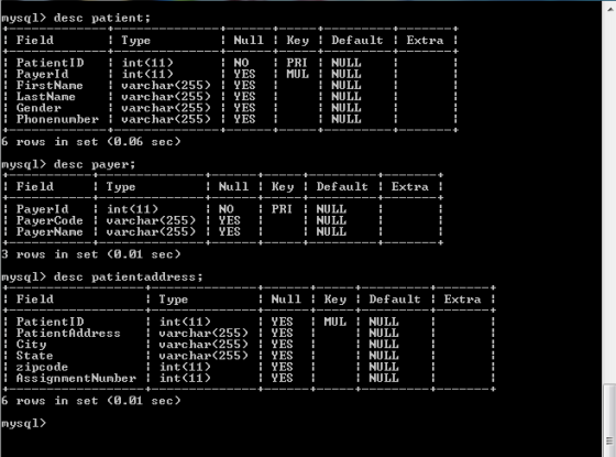 i 1 i i 1 mysqǐ〉 desc patient; Field Type Null Key DefaultExtra PatientIDint (11 PayerId FirstNamevarchar 255 YES Last Name G