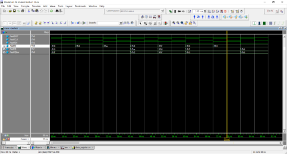 M Modelsim PE Student Edition 104 File Edit View Compile Simulete Add Wave Tools Layout BookmarksWindow Help 凸庬 elave-Default