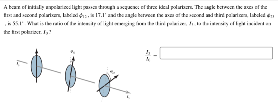 A beam of initially unpolarized light passes through a sequence of three ideal polarizers. The angle between the axes of the