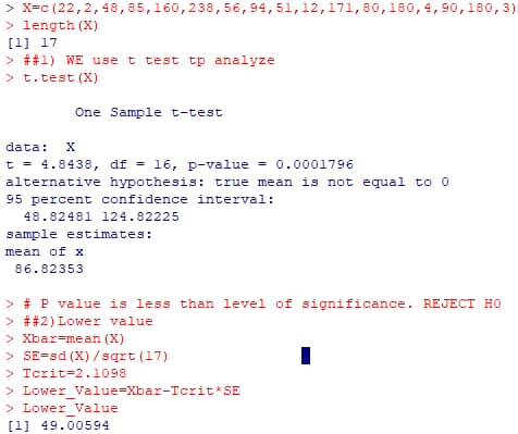 > X=c (22,2, 48,85, 160,238, 56,94, 51, 12, 171, 80, 180, 4, 90, 180, 3) > length (X) [1 17 > ##1) WE use t test tp analyze >