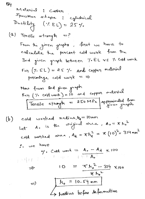 Maturial Copper SpscimEnhape indical (EL) 25 (a) Ten sile treng t f1st have to Fnom thi from th calculate thu purcant cold wo