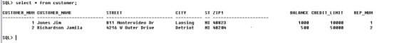 SQL> select fron custoner; CUSTOMER NUM CUSTOMER_NAME STREET CITY BALANCE CREDIT_LIMIT REP NUM ST ZIP1 2 dihardson Jan21 uter