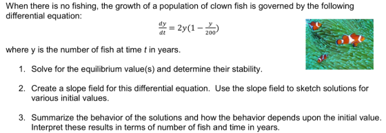 When there is no fishing, the growth of a population of clown fish is governed by the following differential equation: dy dt