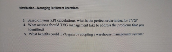 Distribution-Managing Fulfillment Operations 3. Based on your KPI calculations, what is the perfect order index for TVG? 4. W