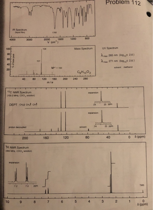 Problem 112 IR Spectrum 4000 3000 2000 1600 1200 V (cm) Mass Spectrum uv Spectrum 100 A,s. 265 nm (log10ε 2.6) λ max 271 nm 0