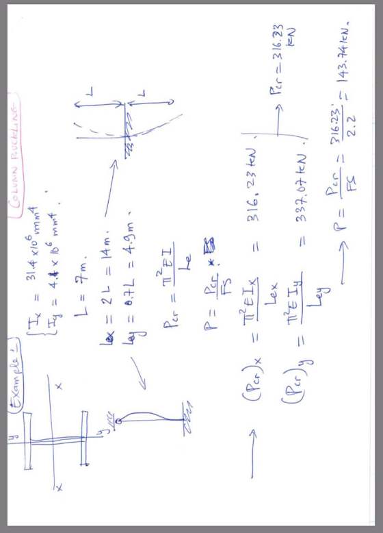 Xam ple CLUMN BUCiLING 31.4 x10 mm mt = T. 4.& x ib mmf L = 7m le 2 L = 14 m 4.9m 11 エユ_L 316, 23 teN Fer 316.23 TEIy 337.67
