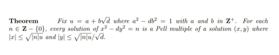 Fix u = a + bVd where a2 - db2 Theorem = 1 with a and b in Z+. For each {0}, every solution of x2 - dy2 Jaæ VInu and |y| < V[