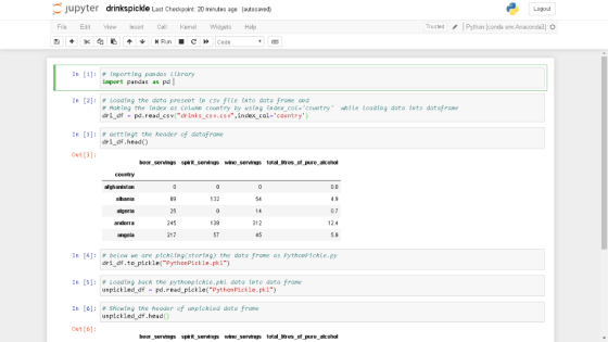 jupyter drinkspickle Last Checkpoint: 20 minutes ago (autosawved) Logout le Edit View Insert l Kenel Widgets Help TrustedPyth