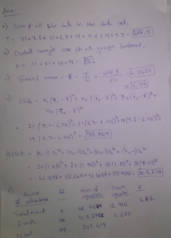 Ans a) Sum d all the to in the dete ct, N= 21+21+19+19 01 > GNand.meam :エー 488.5.-に, loba5 19 | 5.3-6 lol)-/38.747) 14.82 孔
