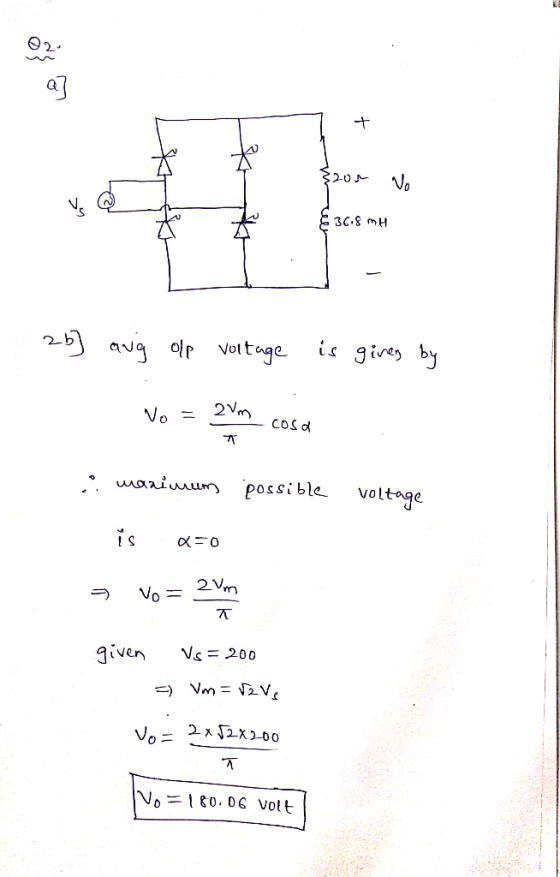 O2 20 3C.S mH 2av olvottage 2Vm Vo COSd wariuu possible voltage 2Vm Vo Vs 200 qiven ) Vm = \2V Vo 2x2X200