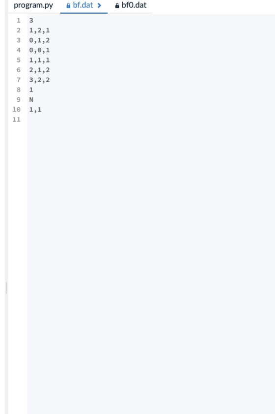 program.py bf.data bf0.dat 2 1,2,1 3 0,1,2 4 0,0,1 5 1,1,1 6 2,1,2 7 3,2,2 10 1,1
