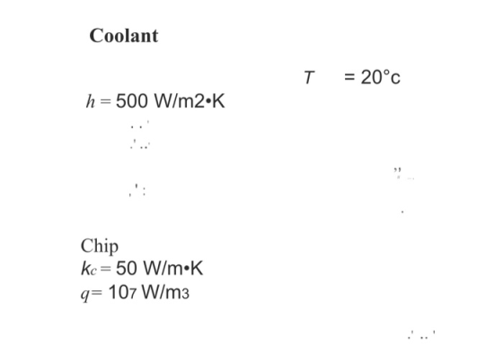 Coolant = 20°c T h 500 W/m2 K Chip ke=50 W/m K q=107 W/m3