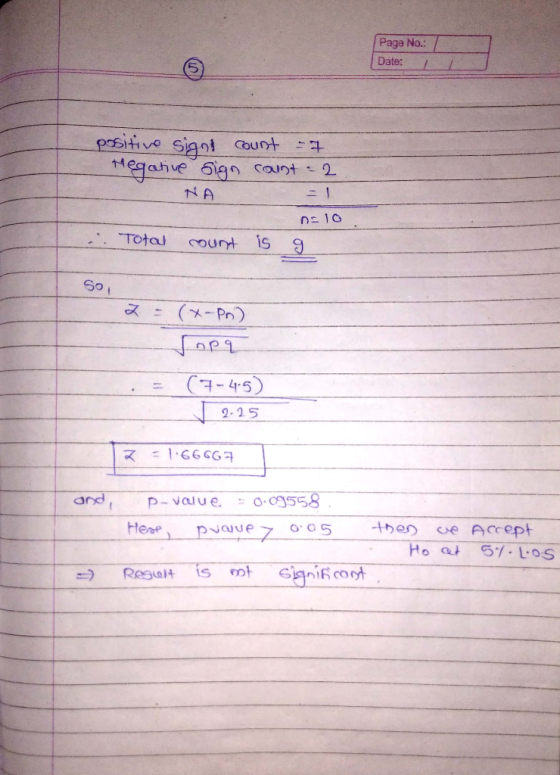 Page No. Date: / prstive signtCount Hegahve lgn caunt 2 - 1 NA Total 1s 0unt So 「メーPn) C7-45 2-25 and 0.Og558 p-value Heae Cr