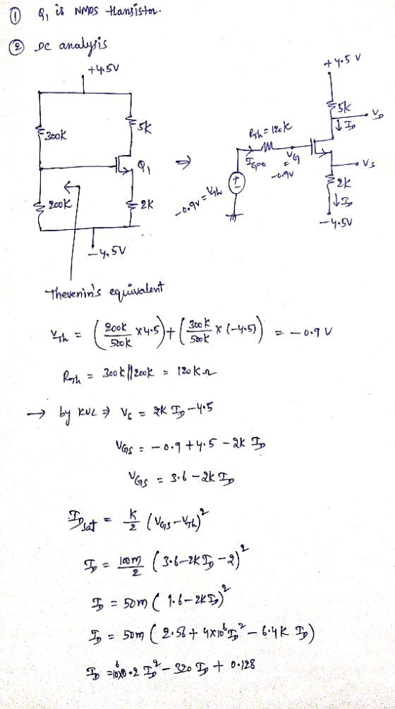 NMOS Hanjiste analyis +45V +.5 v sk 300k Toot 을 200k 2K -c.qv -4.5V Thevenins eqivaleni x (-4.5) 5tok 0. V 520K Ryh3e0k200k