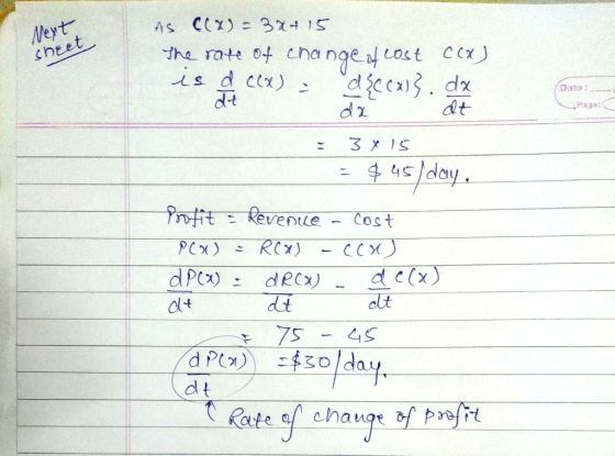 Weyt the rate of cha nge ut cx Date : d-t dt → Paga: ys day Pr叶託 Revenue- Cost dt 75-45 dt dlt a4. Rate ochauge of prfr