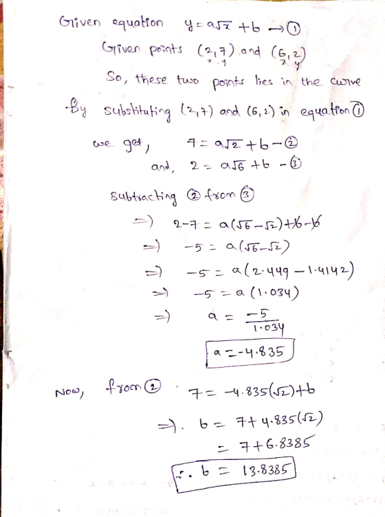 iven pents () and(G2 2 So, these t ponts hes in the cnve equa tronO (G, ,) in a .35 Now, 우 ocn@ ㅋ+6.8385 b 13.8385