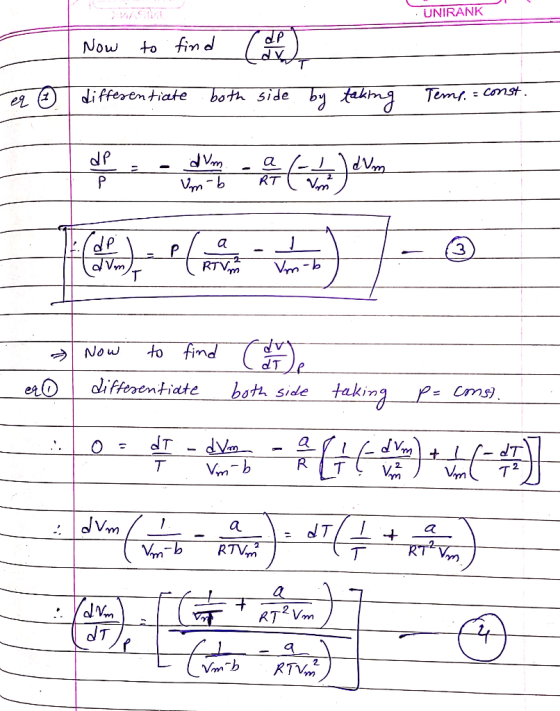 UNIRANK to fin d Now by differen tiate both side Temf Const. ei RT dp a KTV Vm T to find Now erO cifferentiate both side taki