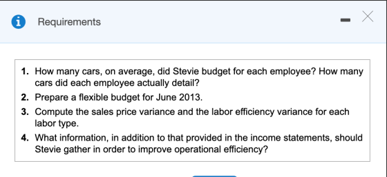 -X Requirements 1. How many cars, on average, did Stevie budget for each employee? How many cars did each employee actually d