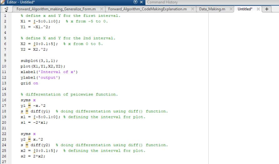 Command History Editor - Untitled* Forward Algorithm_ making_Generalize_Form.m Forward_Algorithm_CodeMakingExplanation.m X Da
