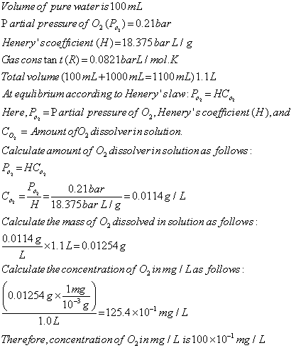 Volume of pure wateris 100mL Partial pressure of O (021bar Heneryscoefficient (H) 18.375 bar LI g Gas cons tan t(R) 0.0821ba