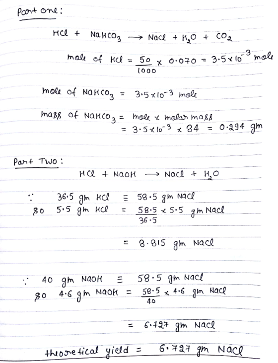 Part one + DH Na Hсоg со, Nace mele mal of Hcl 3.5x lo 50 о070 - 000 mole of Naнcо, 3.5xl0-3 mole magg of Naнcoз - hale x mal