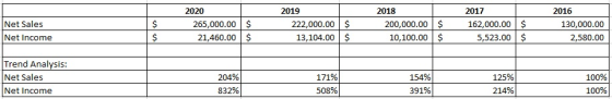 2020 2019 2018 2017 2016 Net Sales 265,000.00 |$ 21,460.00 $ 222,000.00 $ 13,104.00$ 200,000.00 S 162,000 00ş 5,523.00 $ 130,