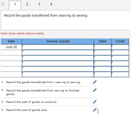Record the goods transferred from weaving to sewing. Note: Enter debits before credits Date General Journal Debit Credit June