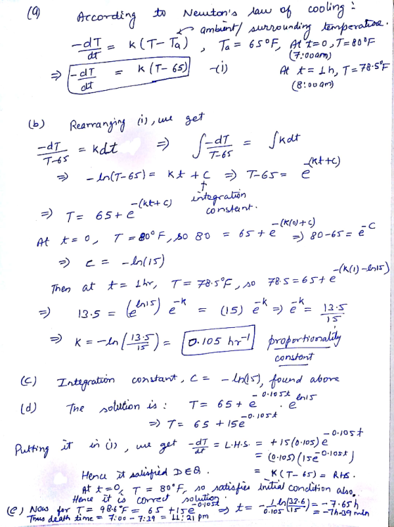 coolins i Acco dins to Neutons Jau df 7Ooarm) altt (b) Rearra ny kolt 7-65 -) T= 65+e 13-3 e. -)T= 65 +15e nital condtion a