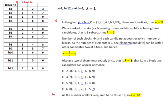 c Schedule Block No b1 b2 b3 v-9, b-12, r-4, k-3, 2-1 3 4 In the given problem V - (1,2, 3,4,5,6,7,8,93, there are 9 vertices