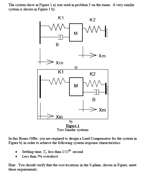 The system show in Figure 1 a) was used in problem 3 on the exam A very similar system is shown in Figure 1 b). K1 K2 Xm Xin