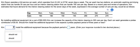 Kim Epson operates a full-service car wash, which operates from 8 A.M. to 8 P.M. seven days a week. The car wash has two stat