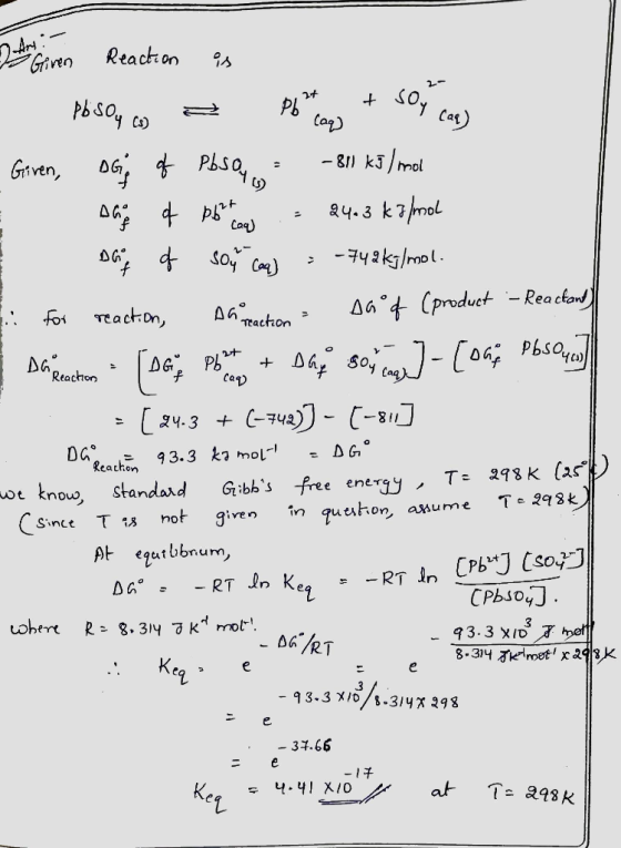 eacti orn PbSO DG ivên 4.3 kmol Co - ea cta YCo) Ah。 Reachon ot knouo standard Gibs free ener^y Since Tis not given inquひhon