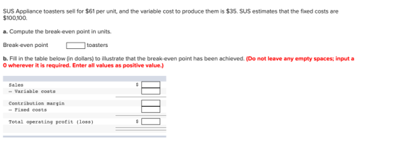 SUS Appliance toasters sell for $61 per unit, and the variable cost to produce them is $35. SUS estimates that the fixed cost